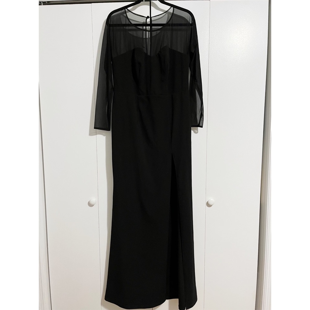 Sheer Upper Bodice Deep Left Leg Slit Black OZ Size Long Dress